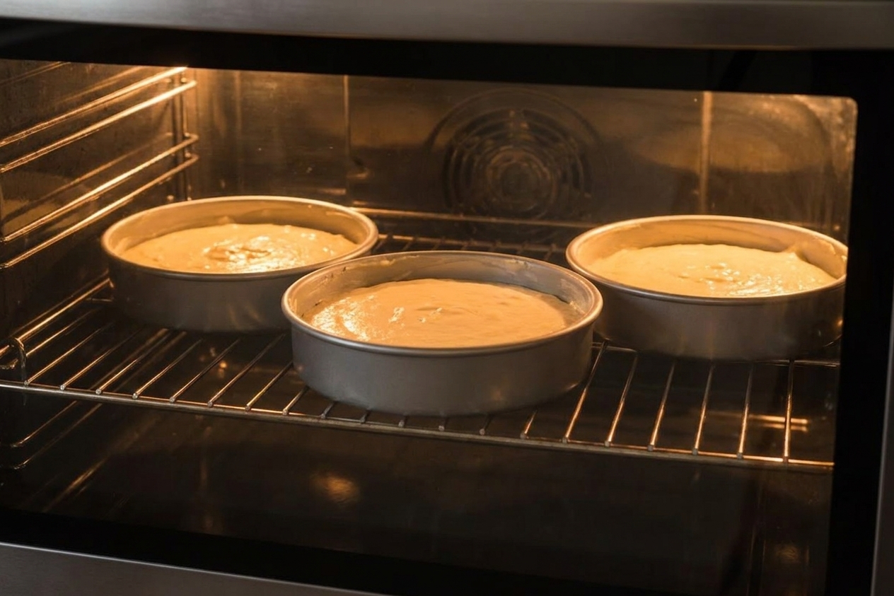 Three cake pans on the oven rack with pale cake batter baking inside a warmly lit home oven
