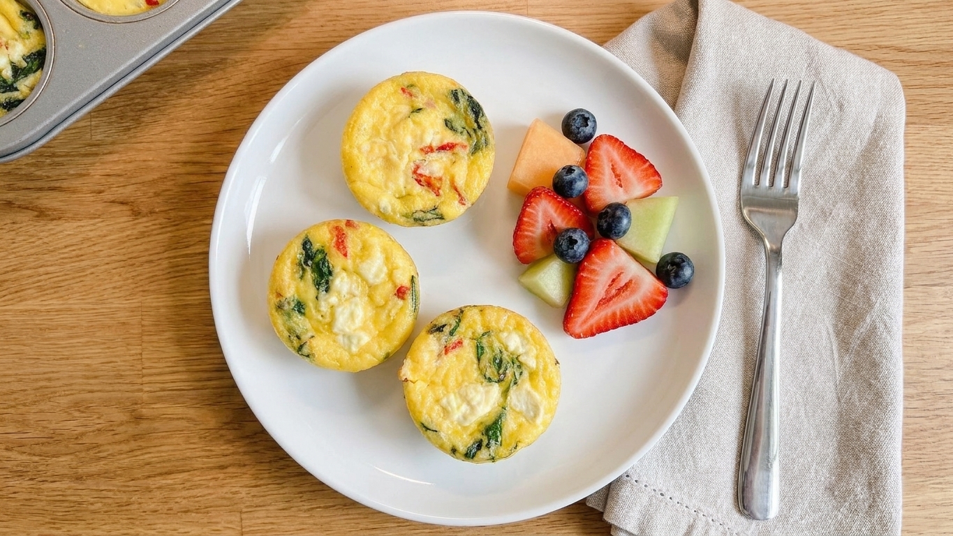 Three cottage cheese egg bites on a plate with fresh fruit on the side, set on a simple kitchen table
