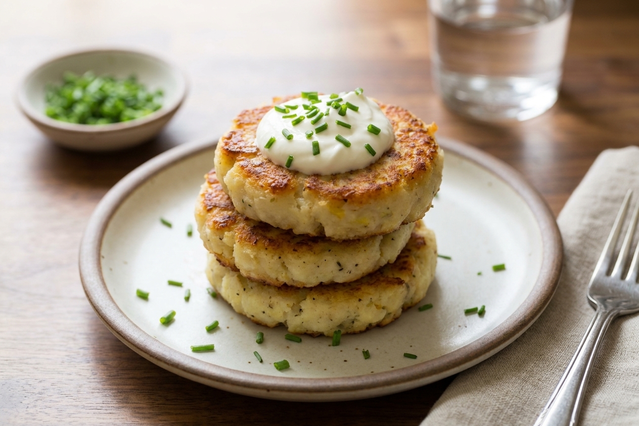 Three crispy mashed potato cakes stacked on a plate with a dollop of sour cream dip and chopped chives, set on a simple dinner table