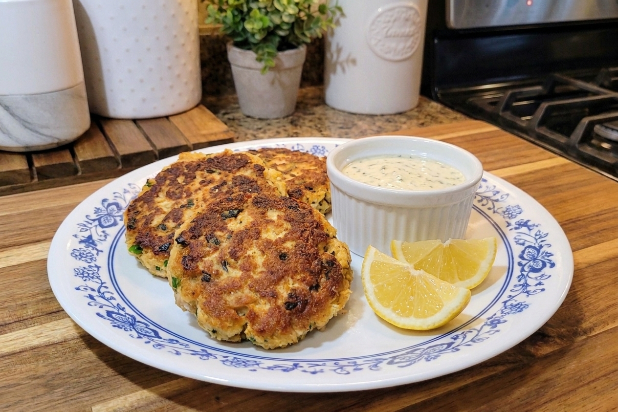 Three crispy tuna cakes plated with lemon wedges and a small ramekin of creamy lemon herb sauce on a wooden table