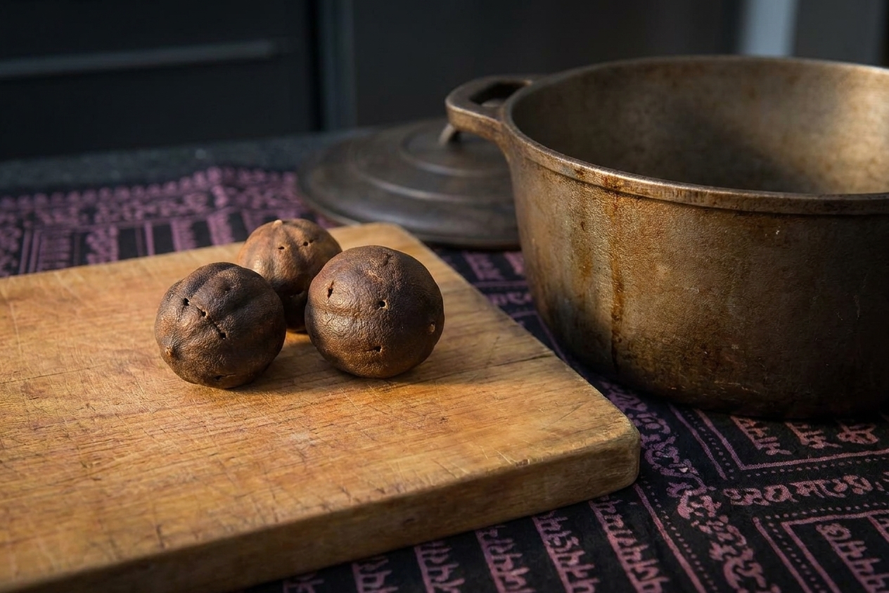 Three dried limes with small pierce marks resting on a cutting board near a cooking pot