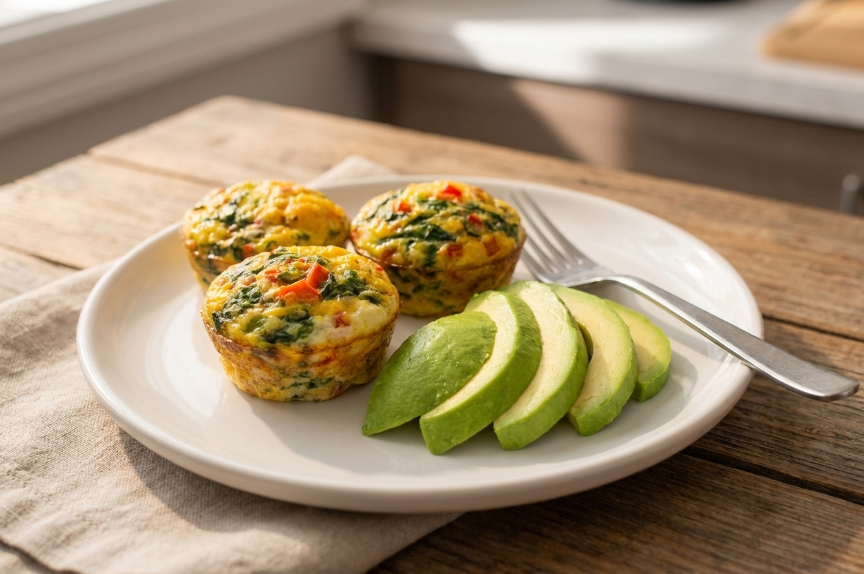Three egg muffin cups on a white plate with a fork, alongside sliced avocado on a wooden breakfast table in soft morning light