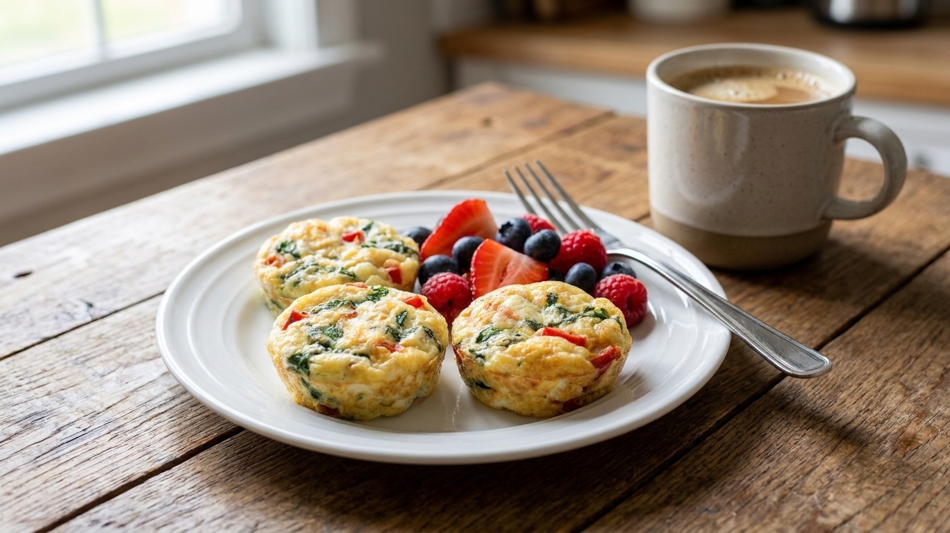 Three egg white bites on a plate with a small pile of fruit on the side and a mug of coffee on a simple table setting