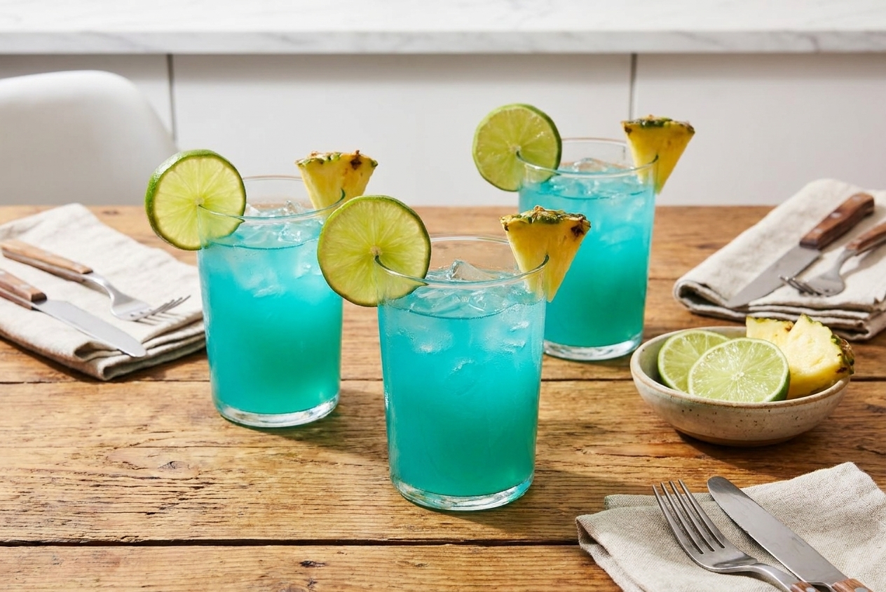 Three glasses of ocean-blue punch with lime wheels and pineapple wedges on a dining table