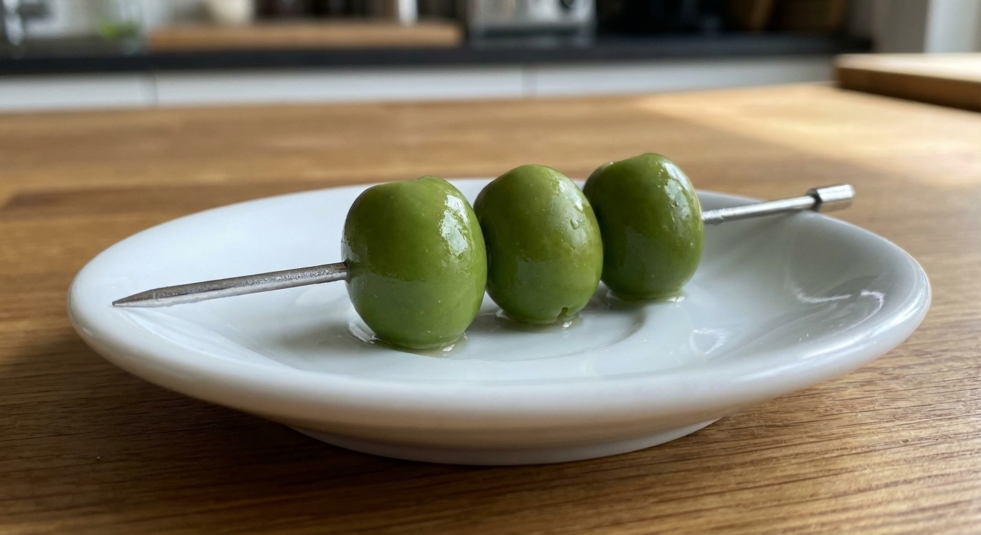 Three green Castelvetrano olives threaded onto a metal cocktail pick on a small plate, realistic close-up photo