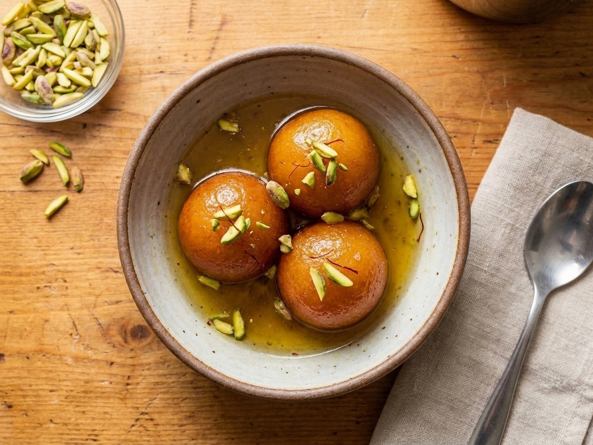 Three gulab jamun in a small bowl with syrup and chopped pistachios, set on a simple table setting
