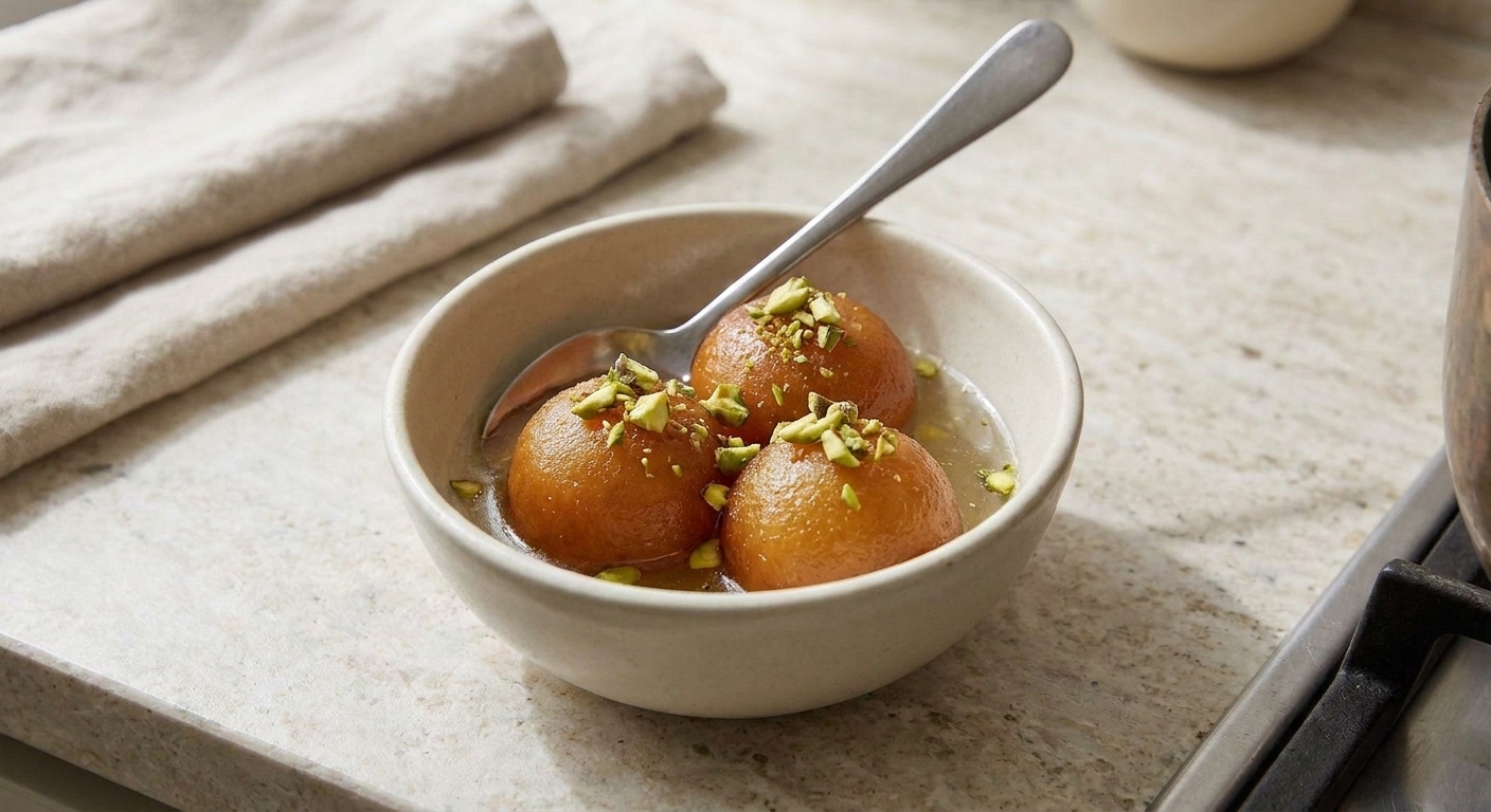 Three gulab jamun in a small bowl with syrup, topped with chopped pistachios, with a spoon on the side on a cozy kitchen table