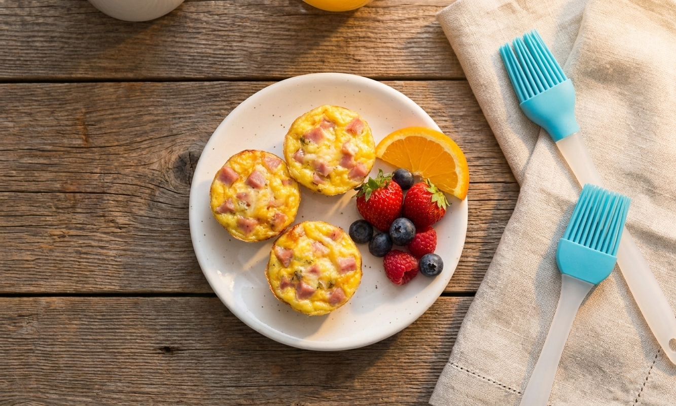 Three mini quiches on a small plate with fresh fruit on a wooden table in soft morning light
