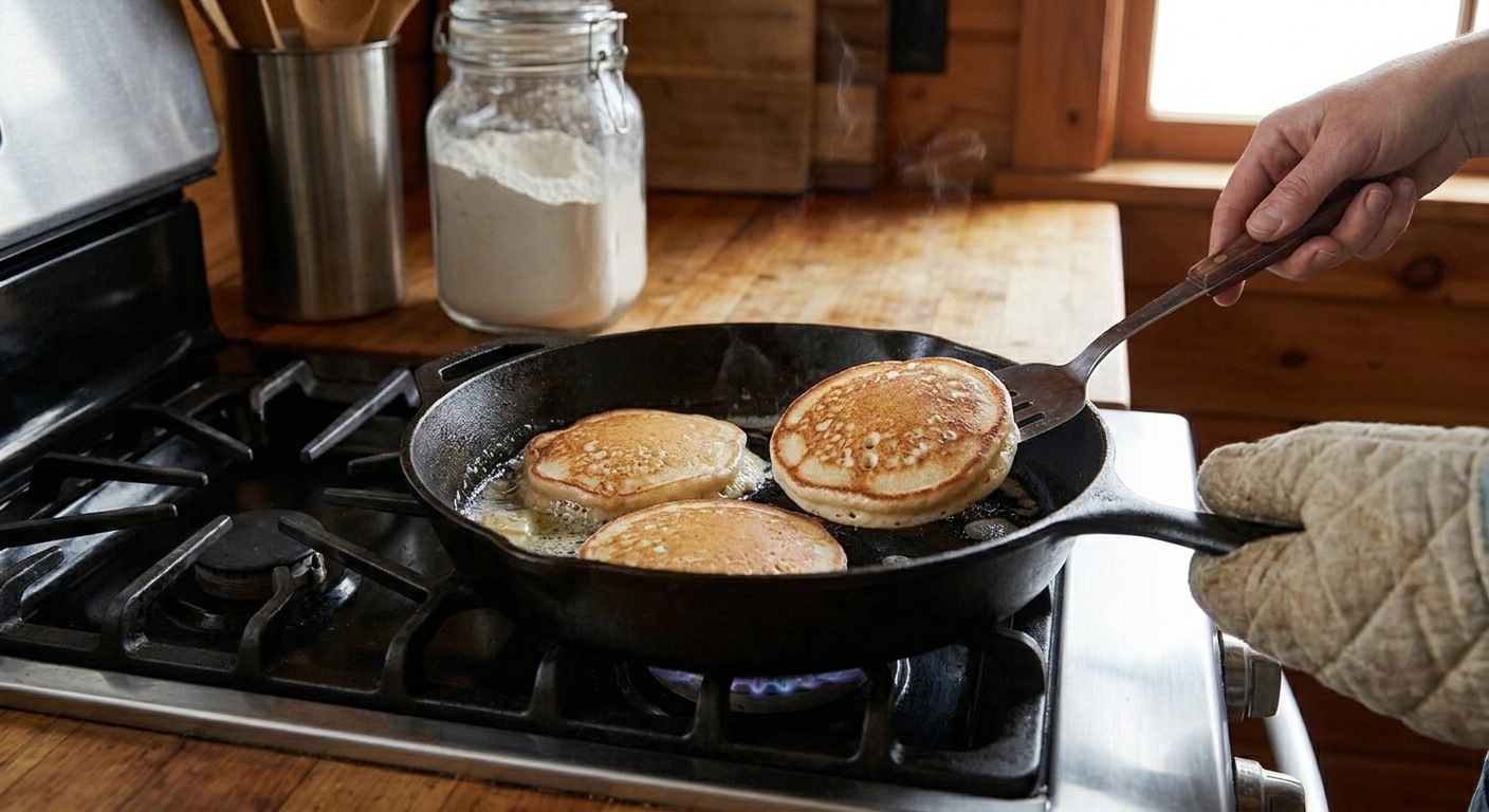 Three pancakes cooking in a buttered cast iron skillet with bubbles forming on the surface under warm kitchen lighting