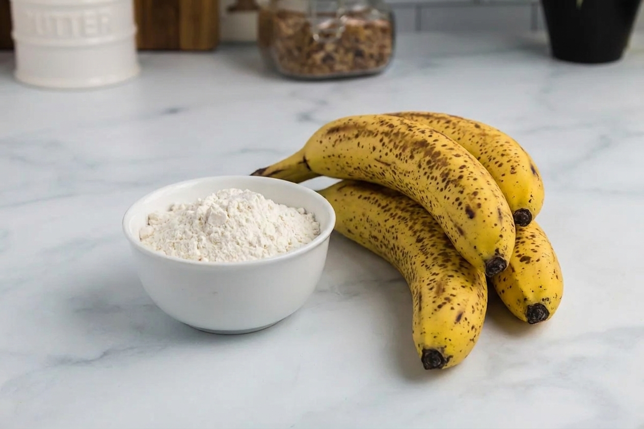 Three ripe bananas with brown speckles resting on a clean kitchen counter next to a small bowl of flour