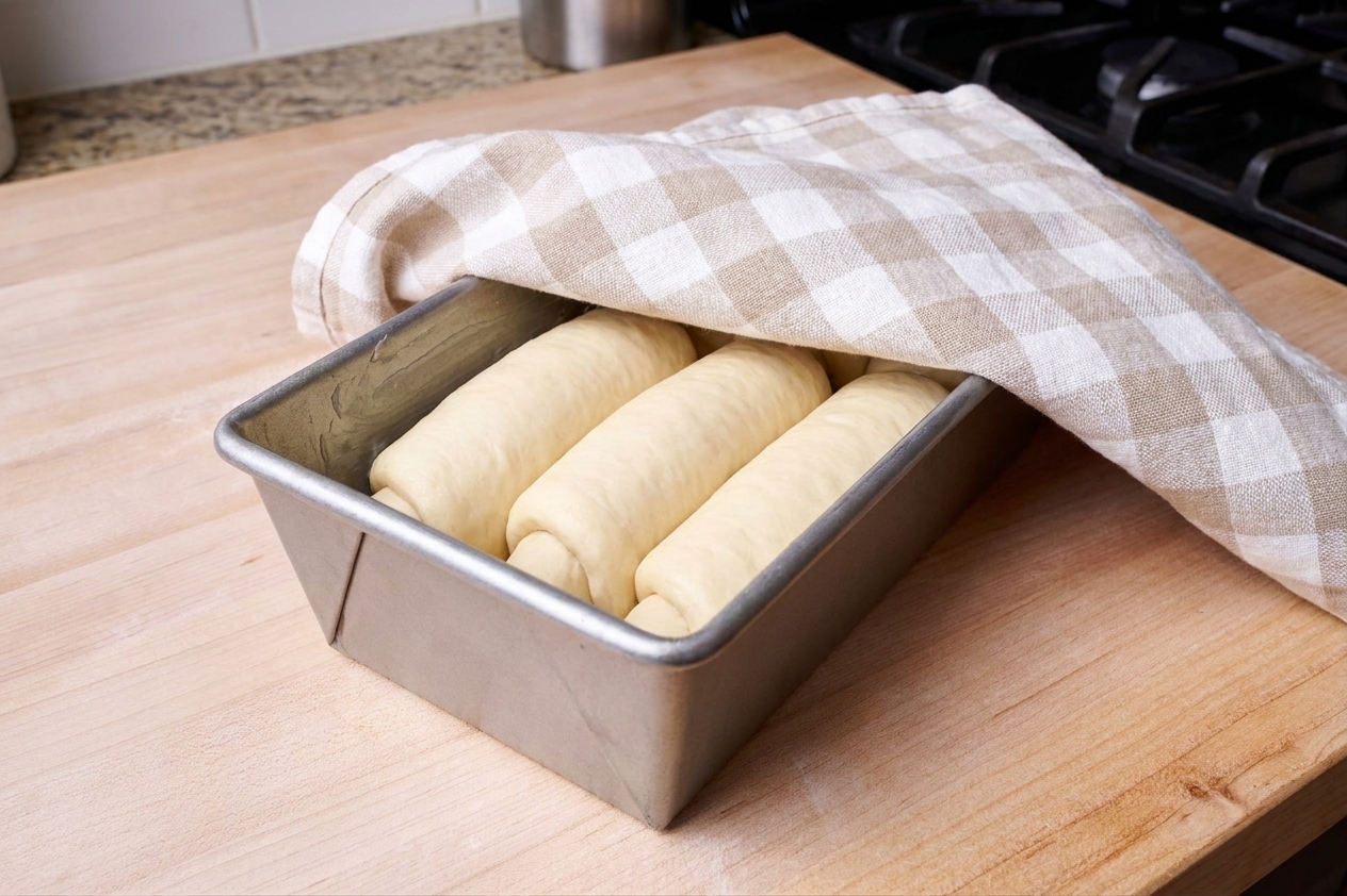 Three rolled dough logs proofing in a greased loaf pan under a clean towel in a warm kitchen