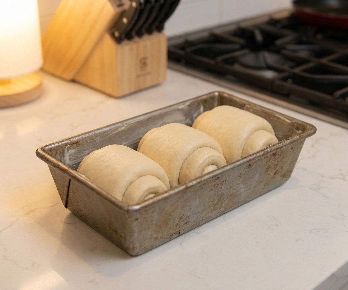 Three rolled pieces of milk bread dough lined up seam-side down in a greased loaf pan, ready for the second rise