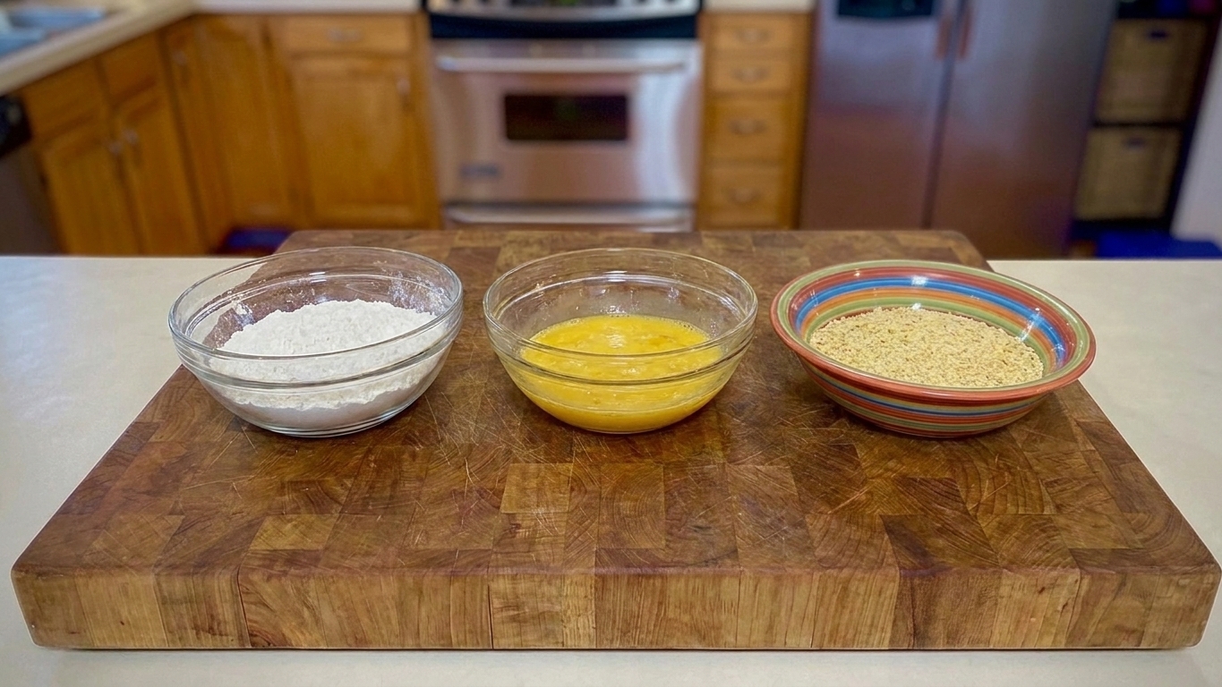 Three shallow bowls arranged as a breading station with flour, beaten eggs, and breadcrumbs on a kitchen counter