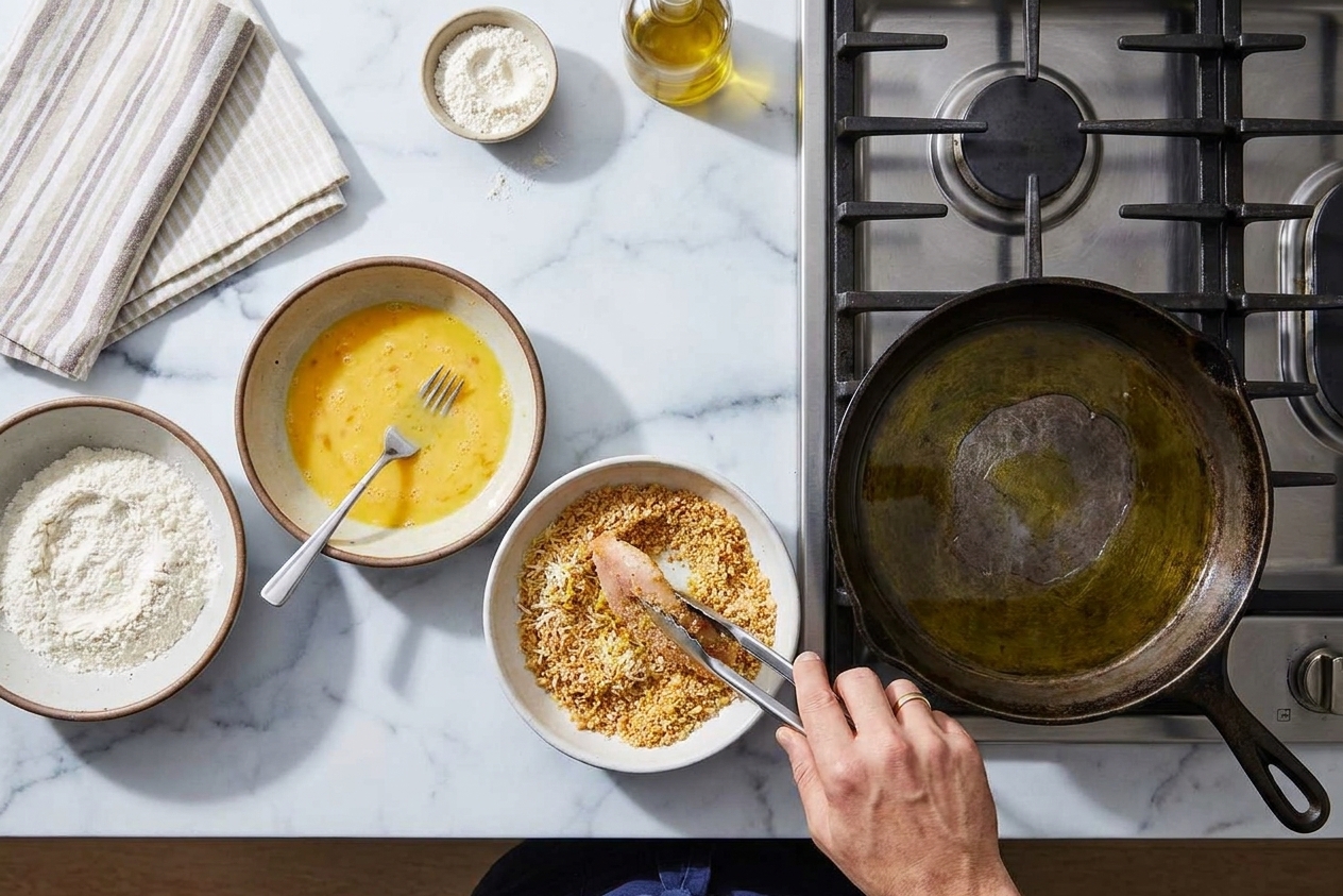 Three shallow bowls arranged for breading with flour, beaten eggs, and Parmesan breadcrumb mixture beside a skillet on the stove