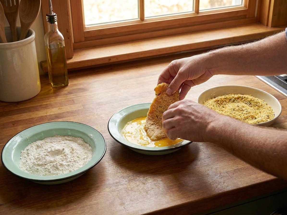 Three shallow bowls arranged in a row on a kitchen counter containing flour, whisked eggs, and a Parmesan breadcrumb mixture