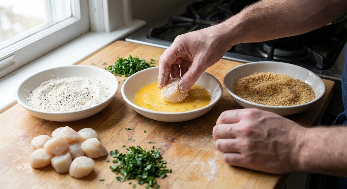 Three shallow bowls for breading with seasoned flour, beaten egg mixture, and panko crumbs next to dried sea scallops on a cutting board