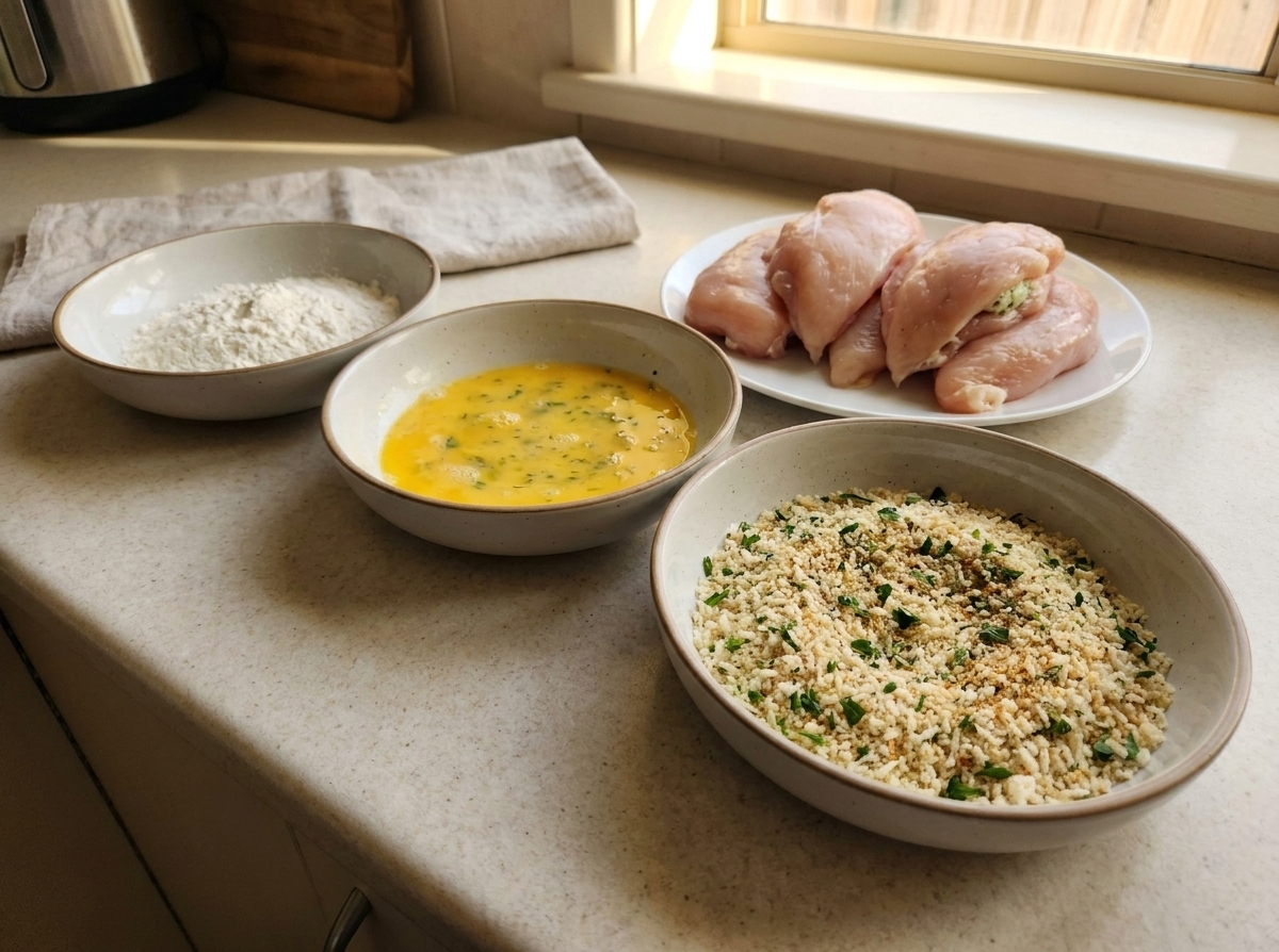 Three shallow bowls holding flour, beaten eggs, and seasoned panko breadcrumbs next to stuffed chicken cutlets on a kitchen counter