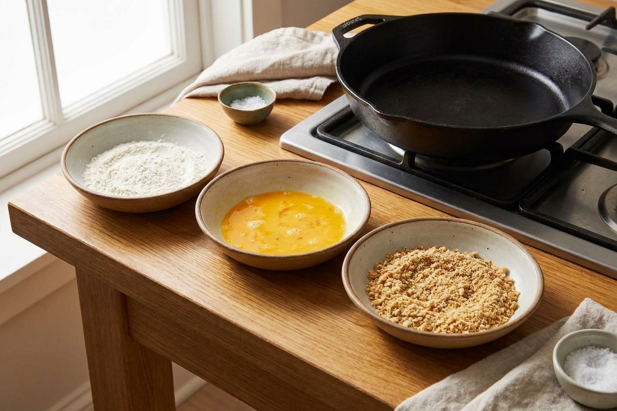Three shallow bowls lined up on a kitchen counter containing flour, beaten eggs, and breadcrumbs for breading schnitzel, with a skillet nearby