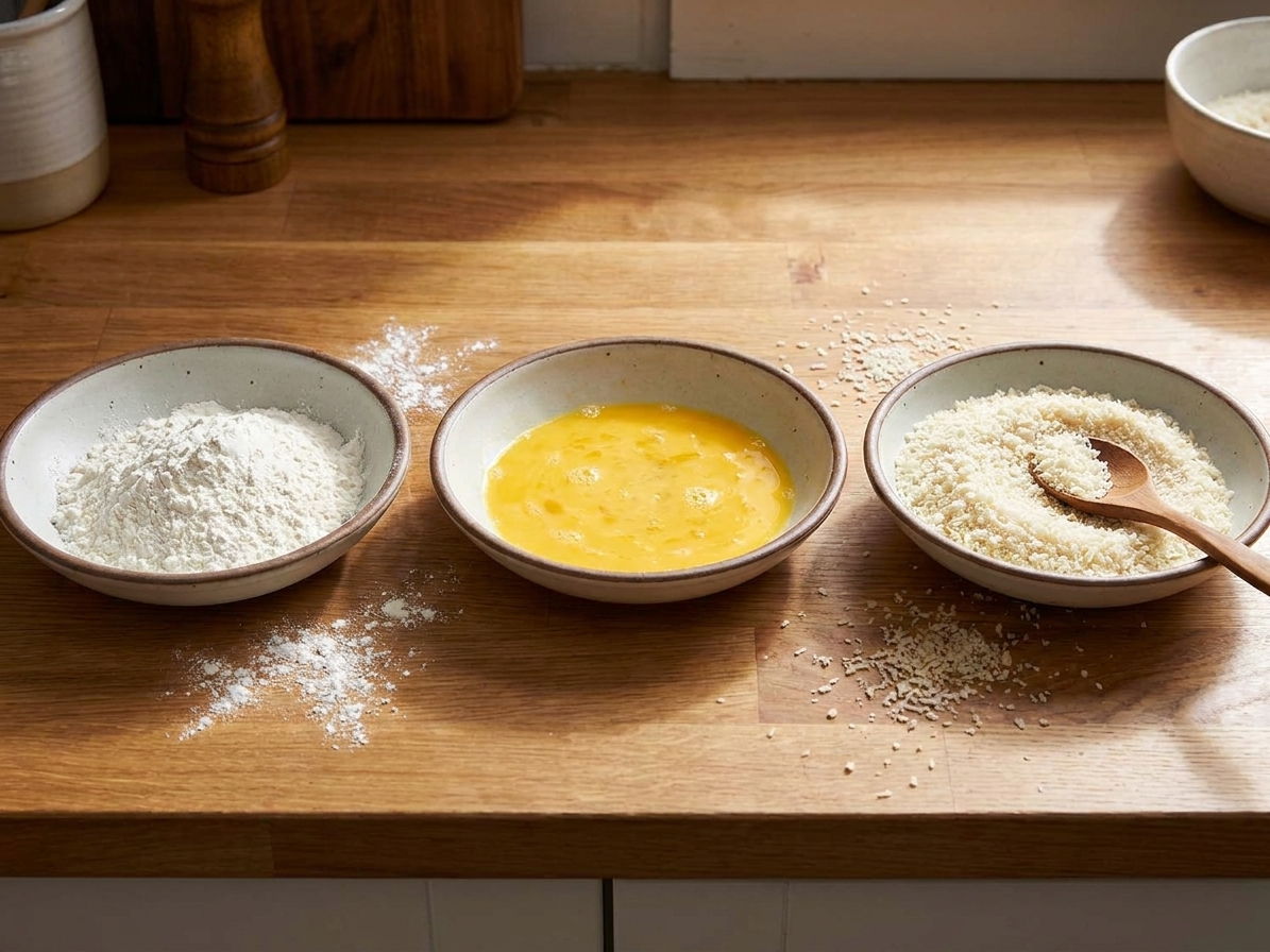 Three shallow bowls on a counter containing flour, beaten eggs, and breadcrumbs for breading