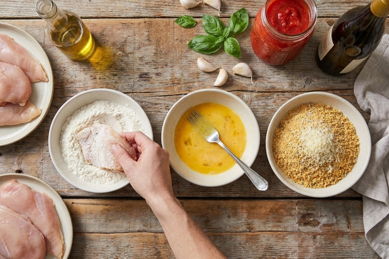 Three shallow bowls on a kitchen counter with flour, beaten eggs, and breadcrumb mixture for breading chicken cutlets
