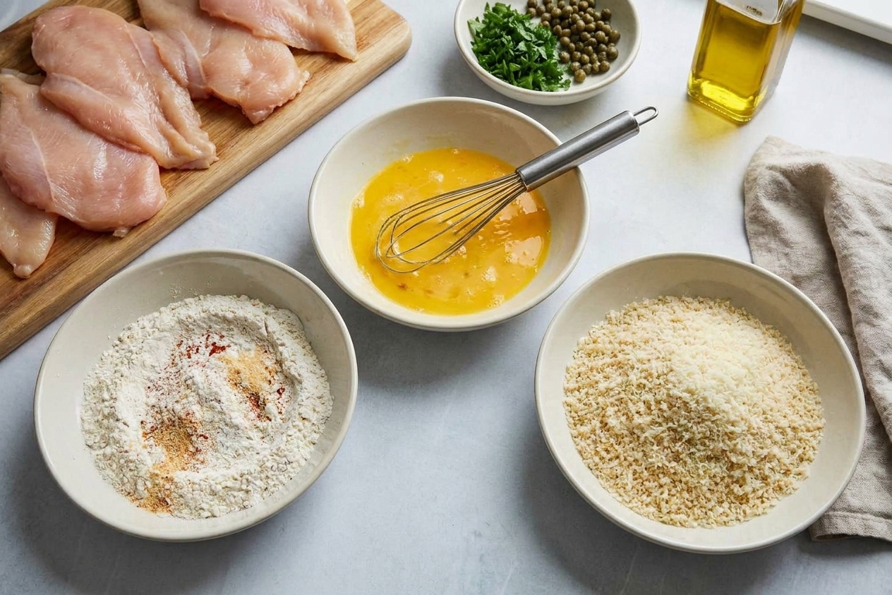 Three shallow bowls set up for breading chicken, with seasoned flour, beaten eggs, and panko mixed with Parmesan on a kitchen counter