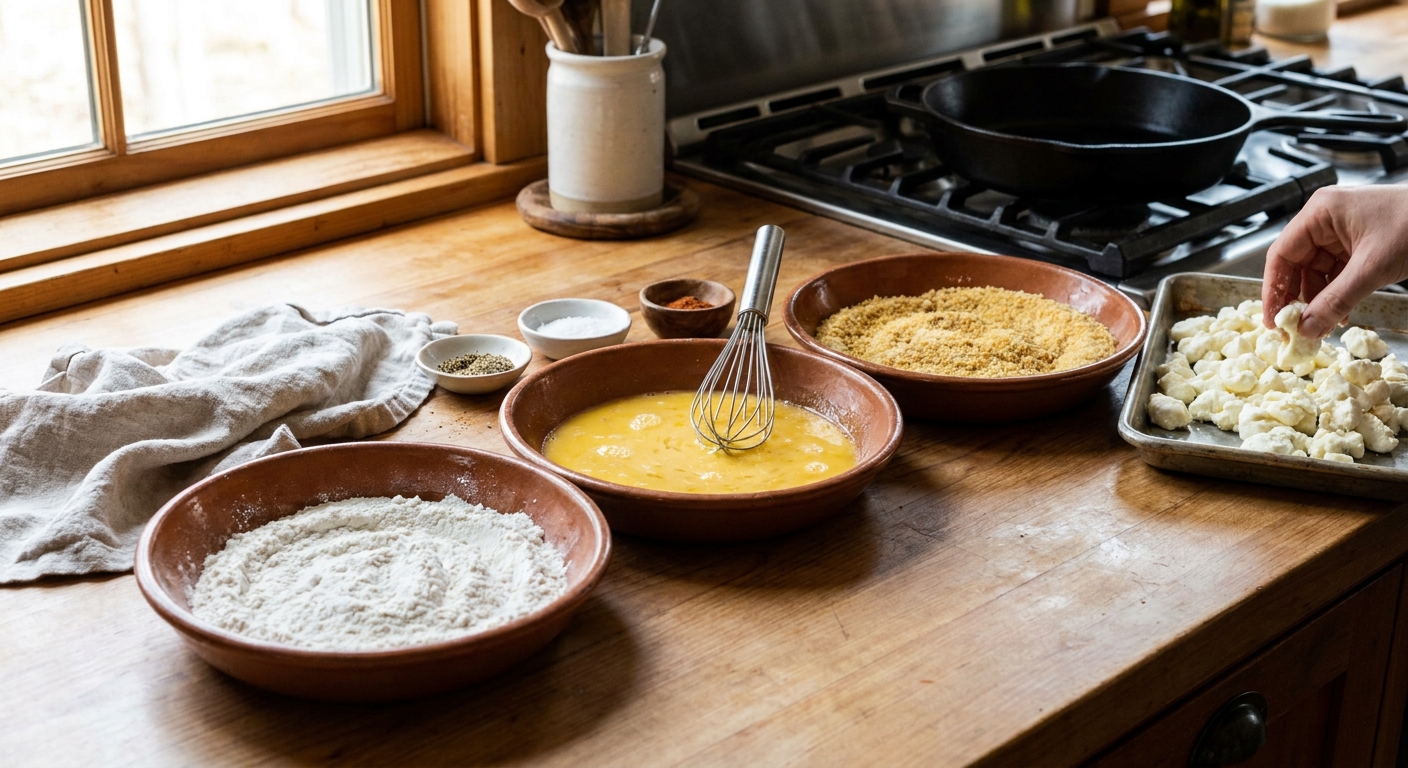 Three shallow bowls set up for breading on a kitchen counter with flour mixture, egg wash, and breadcrumbs beside a tray of cheese curds