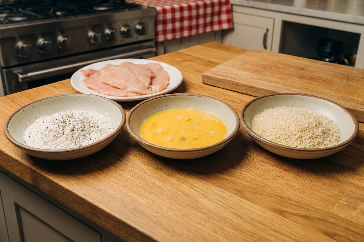 Three shallow bowls set up for breading with seasoned flour, beaten eggs, and panko breadcrumbs on a kitchen counter, ready for chicken cutlets