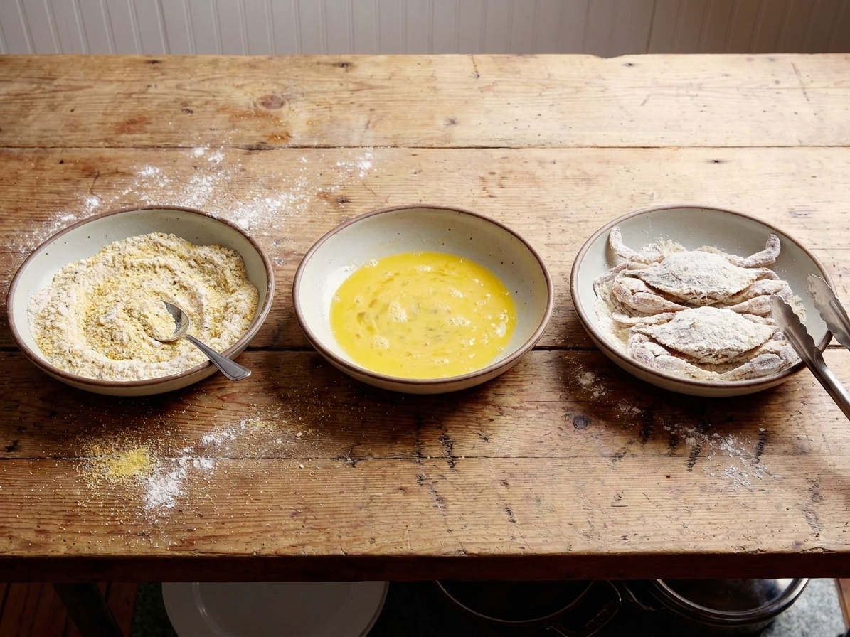 Three shallow bowls set up for dredging with seasoned flour and cornmeal mix, egg wash, and a plate ready for coated soft shell crabs