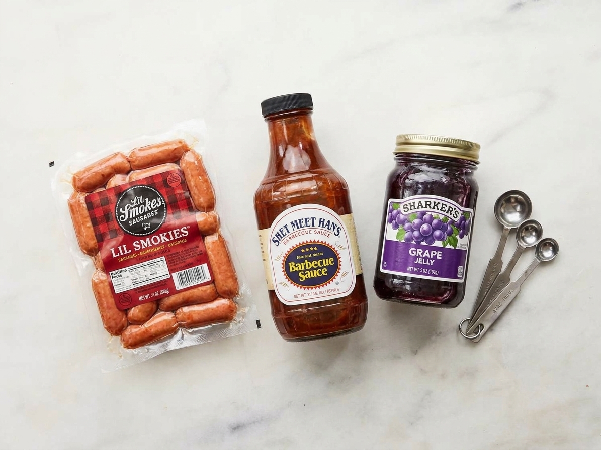 Three simple ingredients on a kitchen counter: a bag of lil smokies, a bottle of barbecue sauce, and a jar of grape jelly with measuring spoons nearby