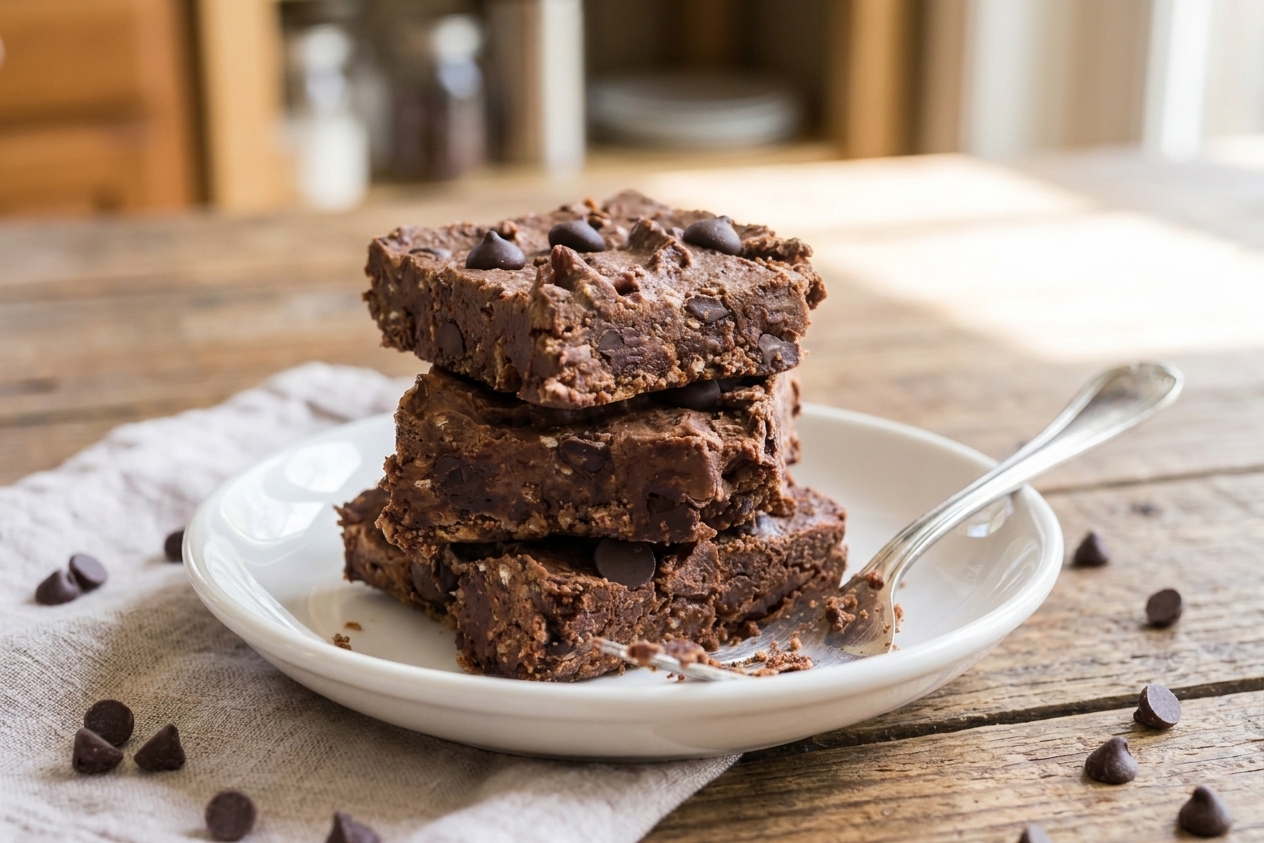 Three sliced protein brownie squares stacked on a small plate on a wooden table with soft natural light