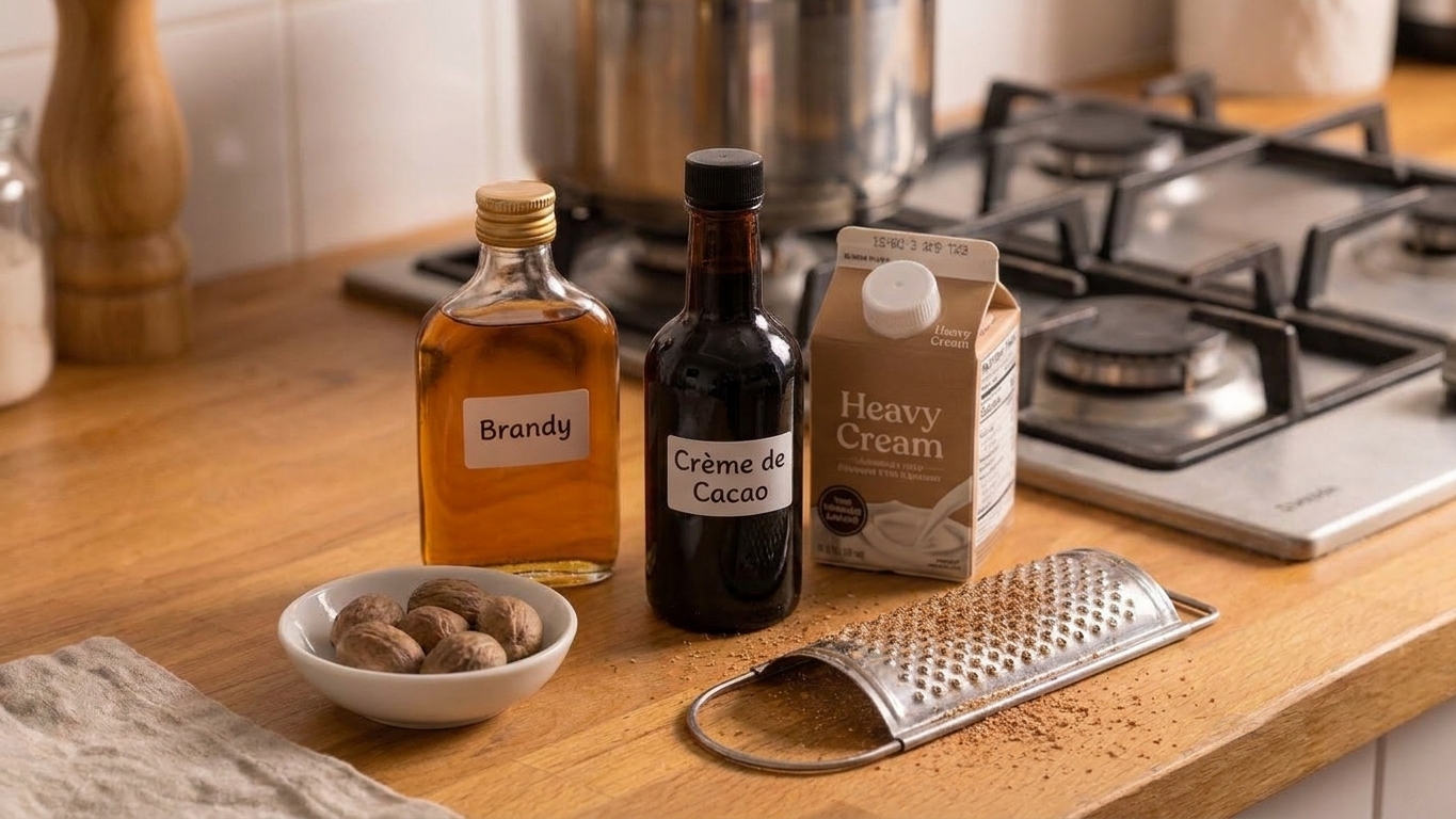 Three small bottles and cartons on a kitchen counter: brandy, crème de cacao, and heavy cream, with a whole nutmeg and a small grater nearby in consistent warm kitchen lighting