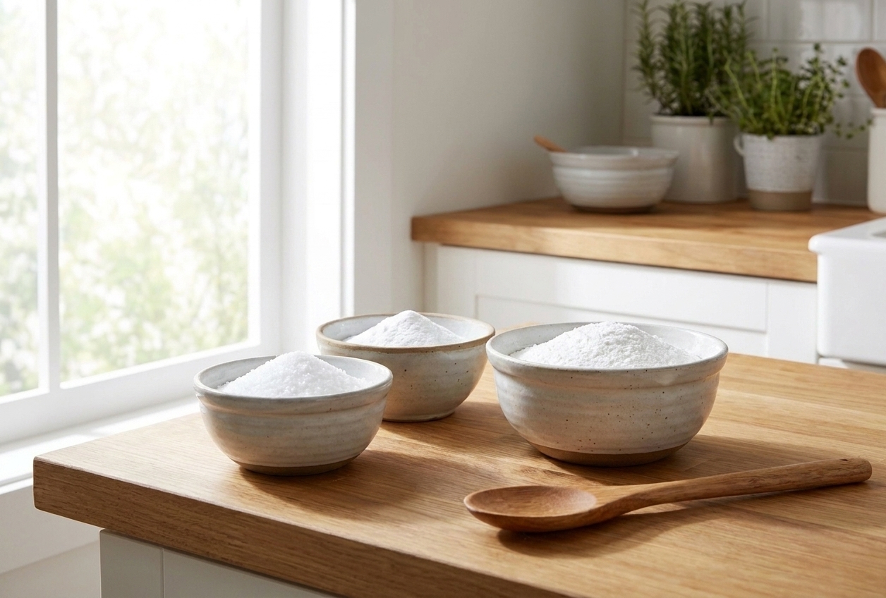 Three small bowls on a countertop holding washing soda, borax, and powdered laundry detergent beside a wooden spoon