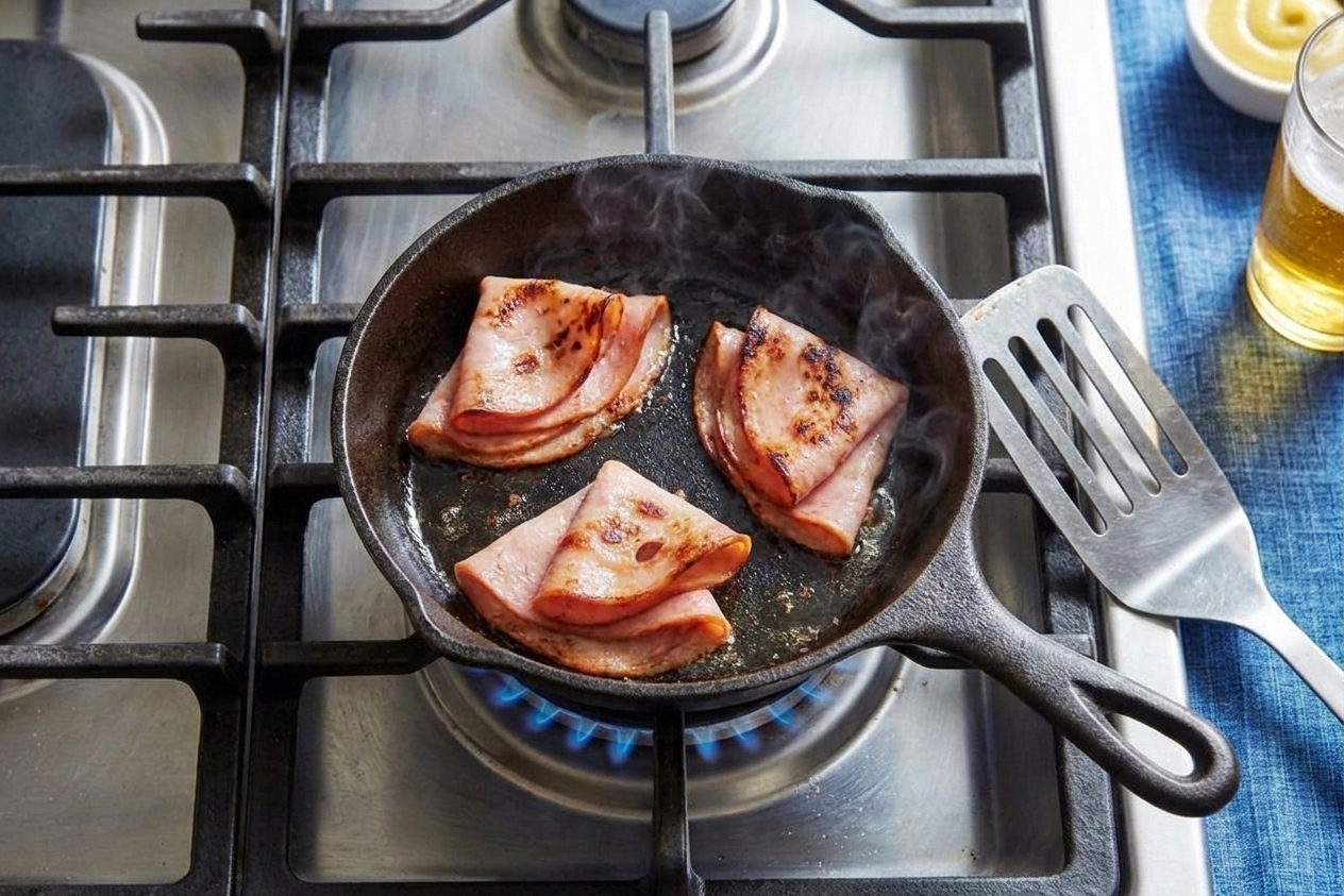 Three small piles of mortadella frying in a skillet with edges crisping and browning