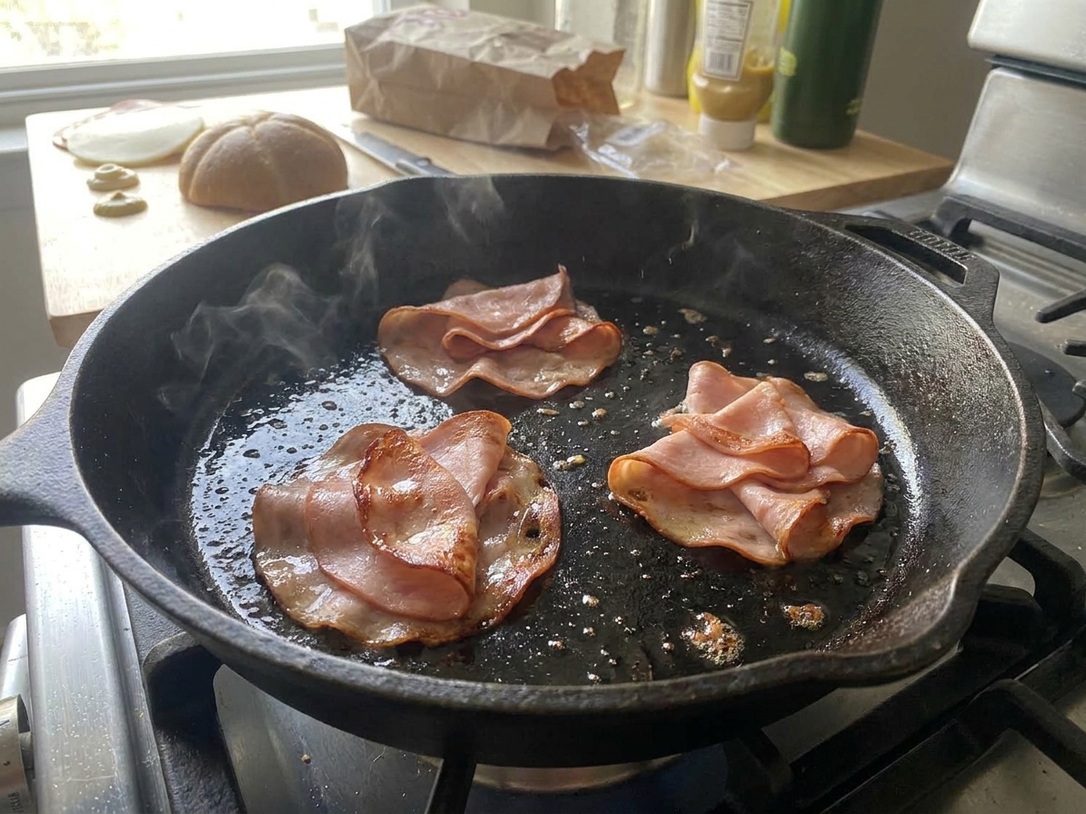 Three small piles of mortadella sizzling in a skillet with edges curling and browning