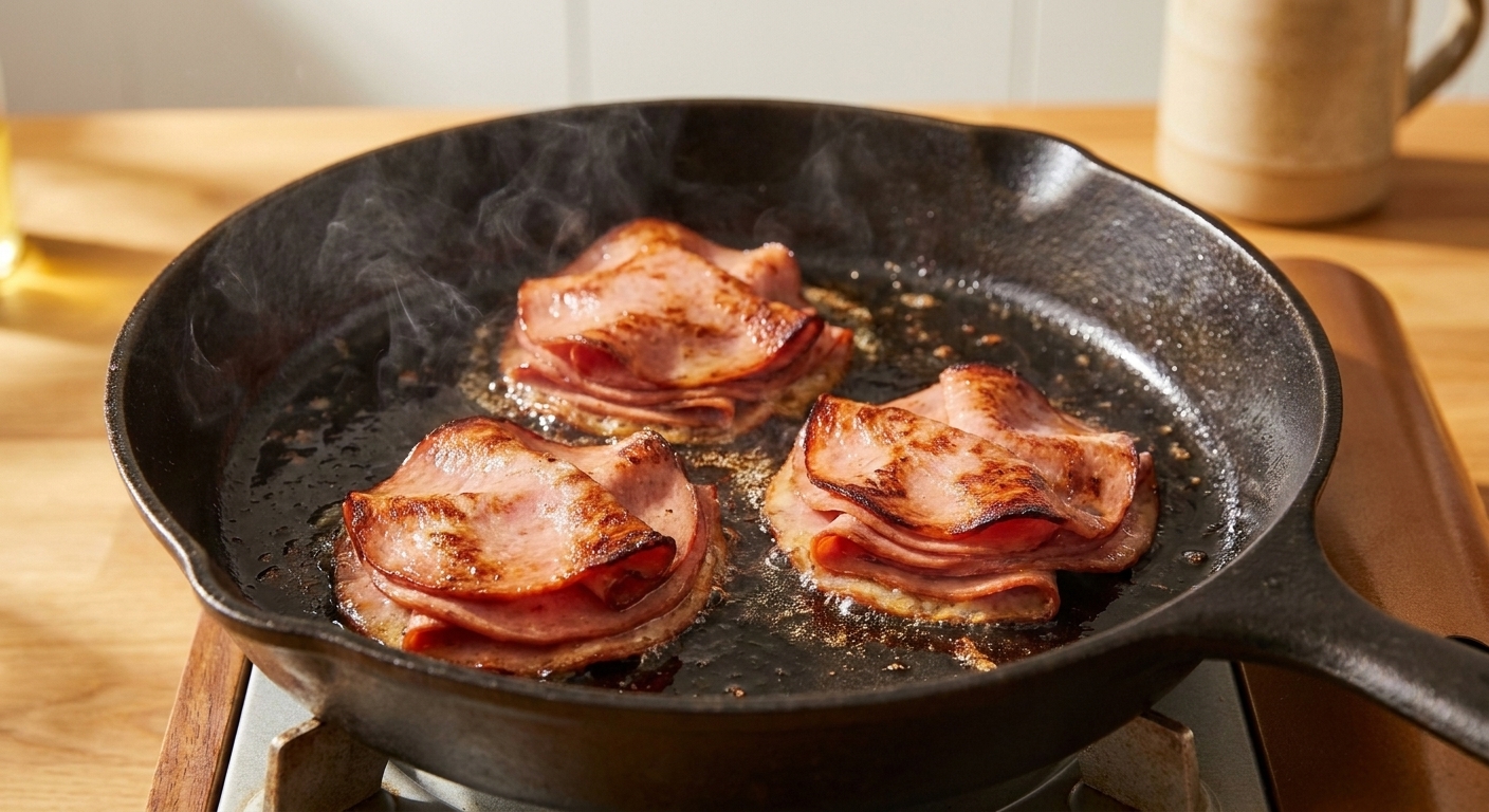 Three small piles of mortadella slices sizzling in a hot skillet with edges turning golden and crisp