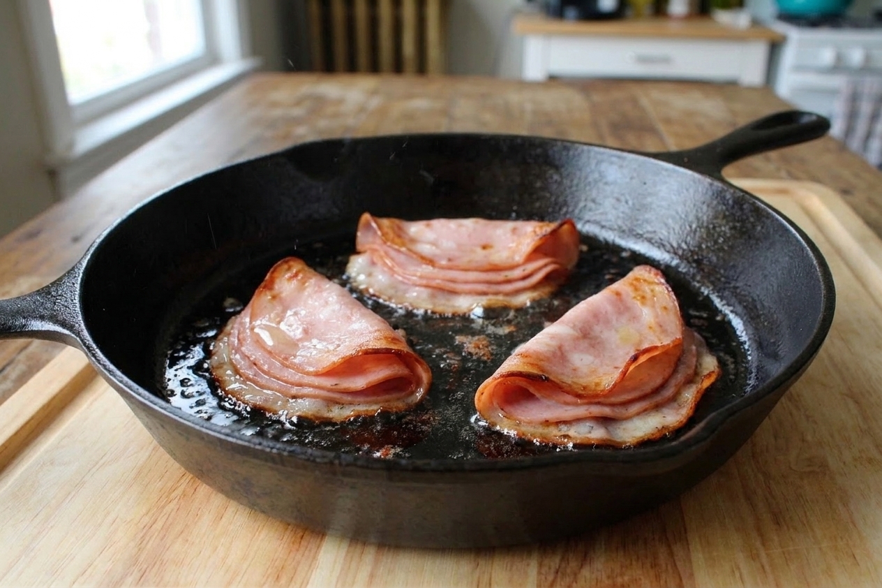 Three small stacks of mortadella sizzling in a hot skillet with the edges curling and browning