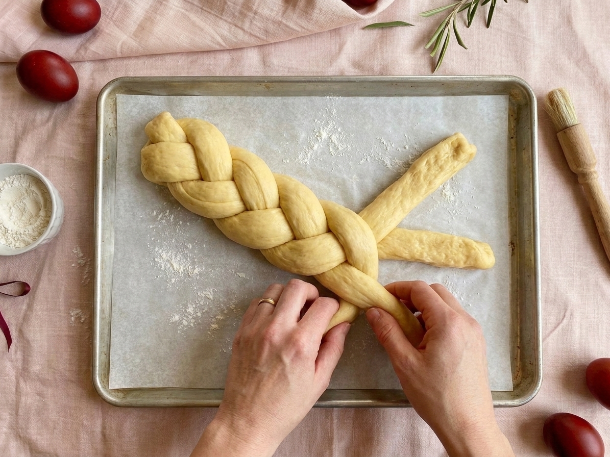 Three strands of pale dough being braided on a parchment-lined baking sheet on a kitchen counter