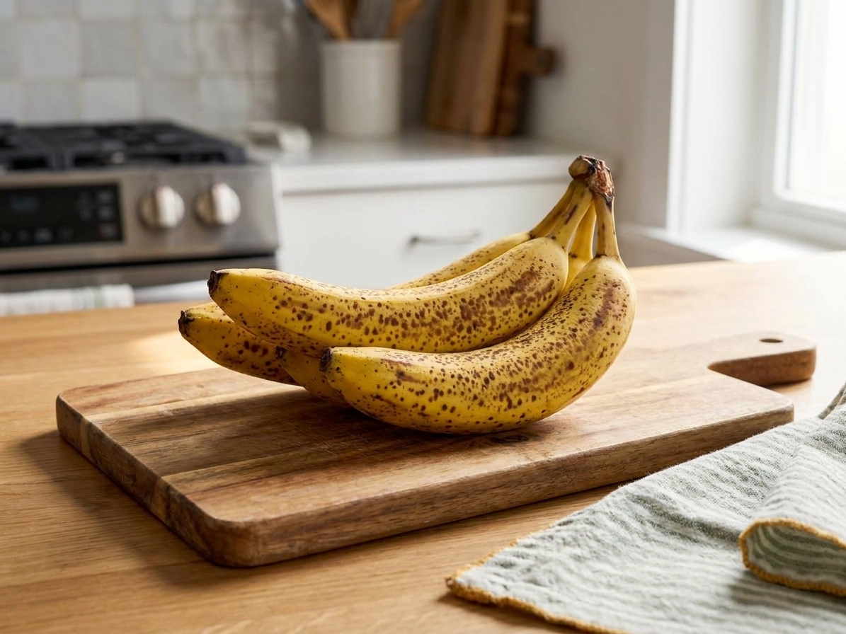 Three very ripe bananas with brown speckles resting on a wooden cutting board on a bright kitchen counter
