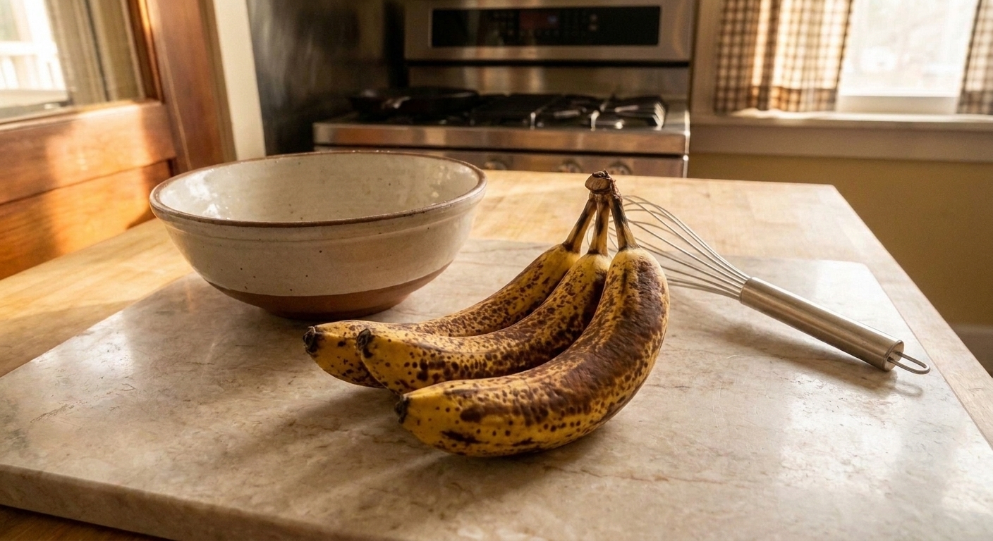 Three very ripe bananas with dark peels resting on a light stone countertop near a mixing bowl, warm kitchen lighting