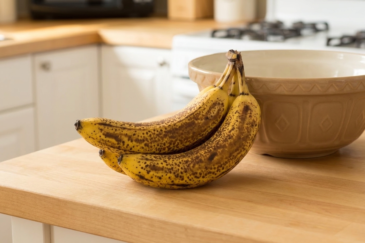 Three very ripe bananas with speckled peels resting on a clean kitchen counter next to a mixing bowl, ready for baking