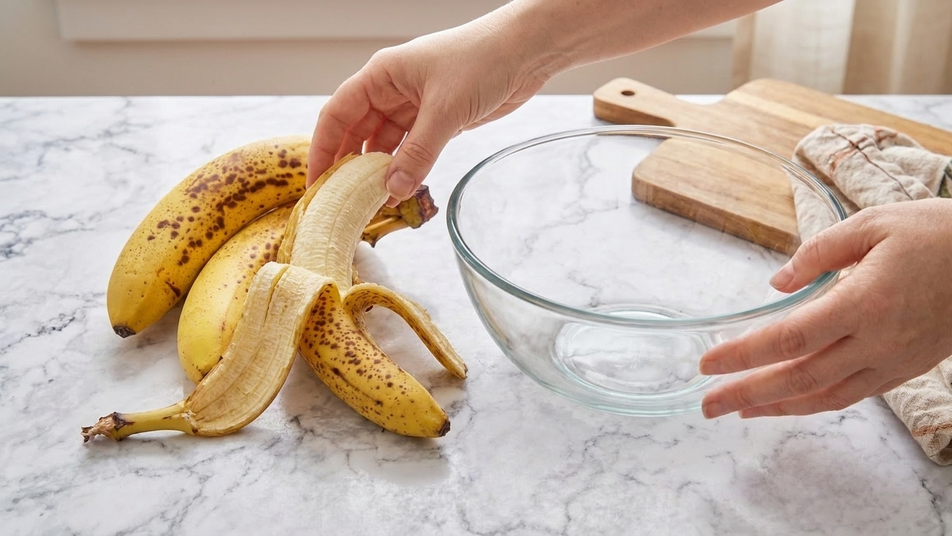 Three very ripe, heavily speckled bananas on a clean kitchen counter beside a mixing bowl