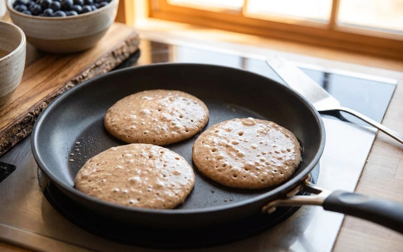 Three whole wheat pancakes cooking in a nonstick skillet with bubbles forming on the surface and a thin spatula resting nearby