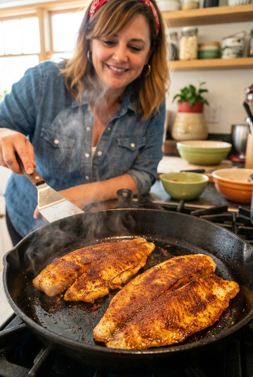 Tilapia fillets searing in a skillet with smoky spices and golden edges
