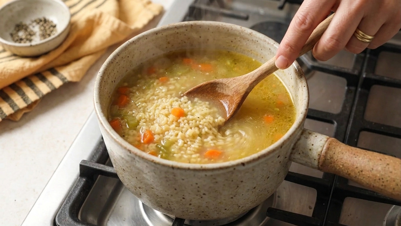 Tiny pastina pasta simmering in a pot of broth on a stovetop with a wooden spoon stirring