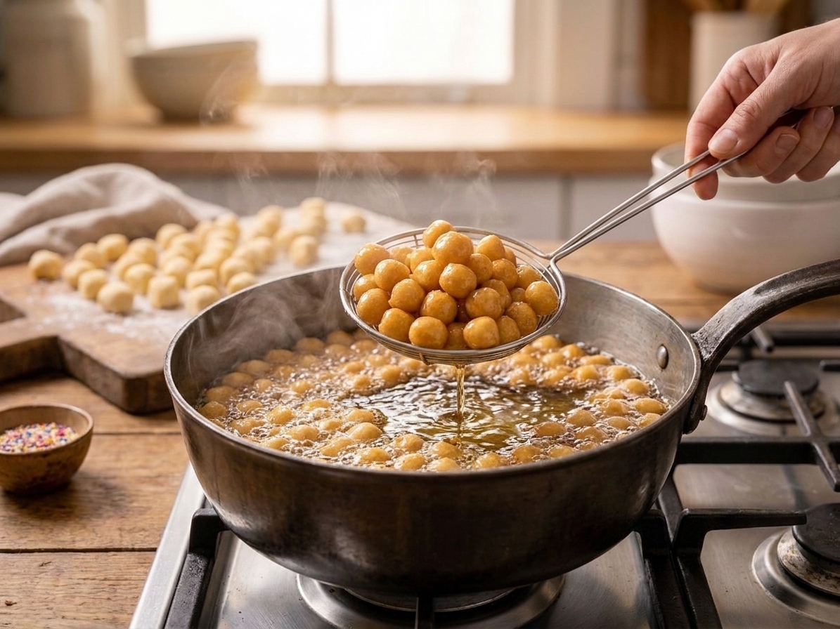 Tiny struffoli dough balls frying in bubbling oil in a deep pot on a stovetop while a spider strainer lifts a golden batch