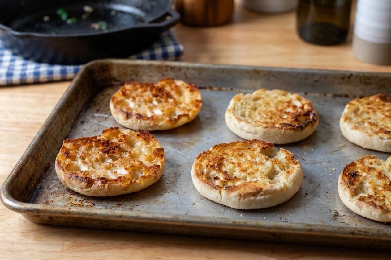 Toasted English muffin halves on a baking sheet, golden brown and ready for topping