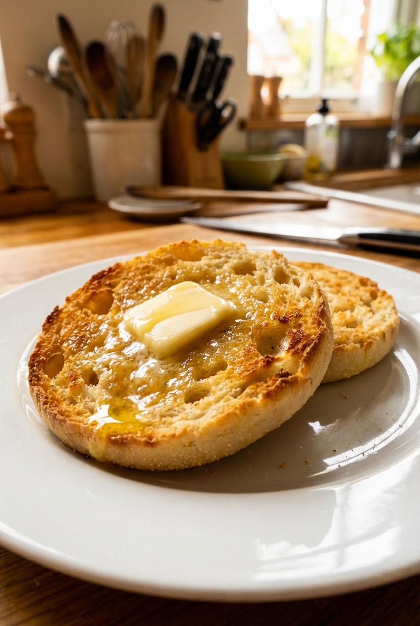 Toasted English muffin with butter melting on top