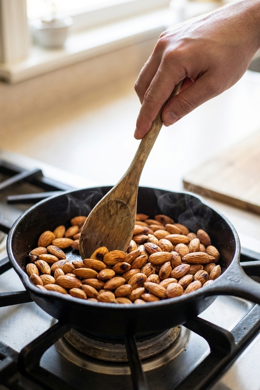 Toasted almonds in a small skillet on a stovetop with a wooden spoon, golden brown nuts visible, close-up photorealistic food photography