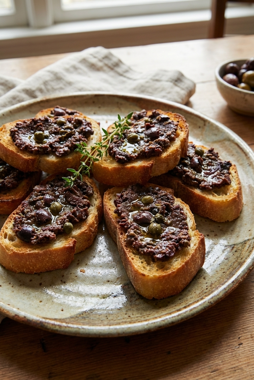 Toasted baguette crostini topped with Kalamata olive tapenade on a ceramic plate, close-up appetizer photo with natural light