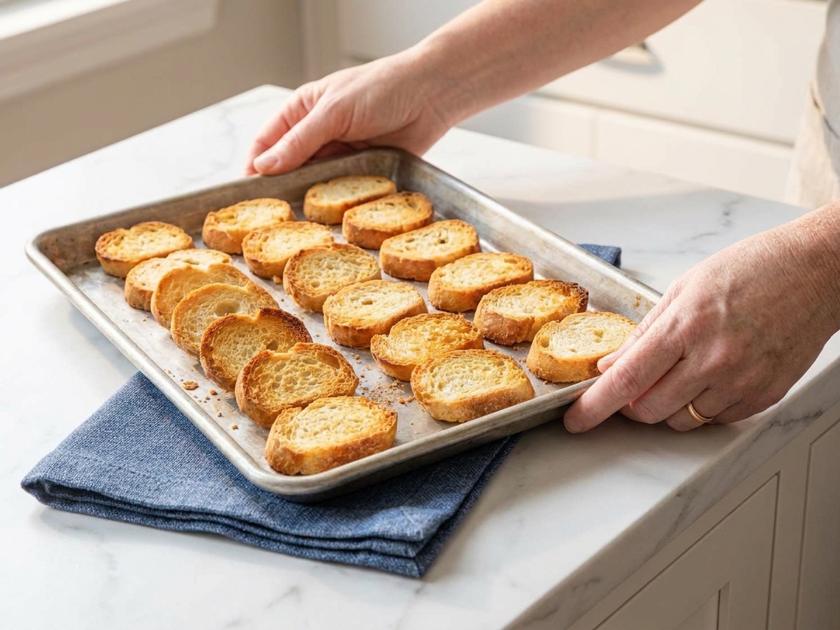 Toasted baguette slices on a baking sheet on a kitchen counter, ready to serve with warm crabmeat dip